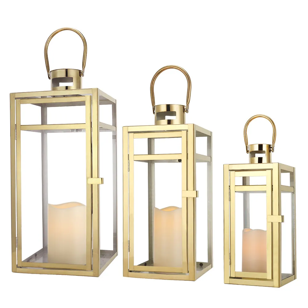 19''&15''&12'' H Stainless Steel Metal Candle Lantern  Candle Holder with Clear Glass Panels(Set of 3 Gold)