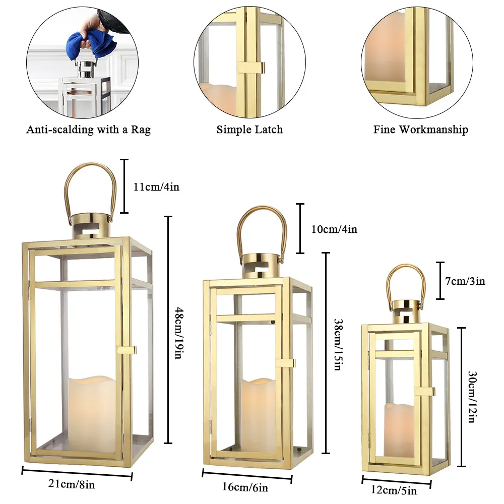 19''&15''&12'' H Stainless Steel Metal Candle Lantern  Candle Holder with Clear Glass Panels(Set of 3 Gold)