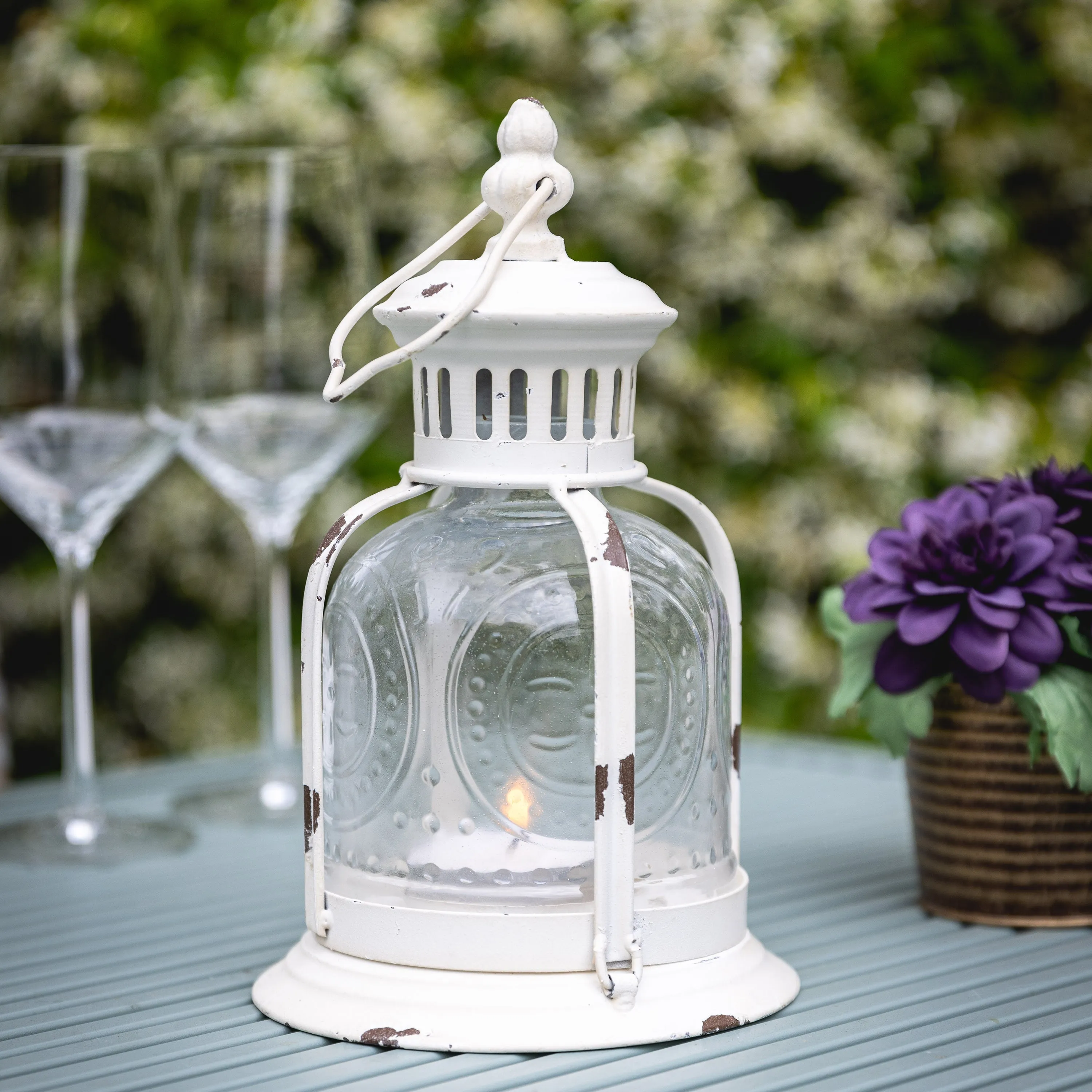 Antique White Metal Votive Candle Lantern - (WS)