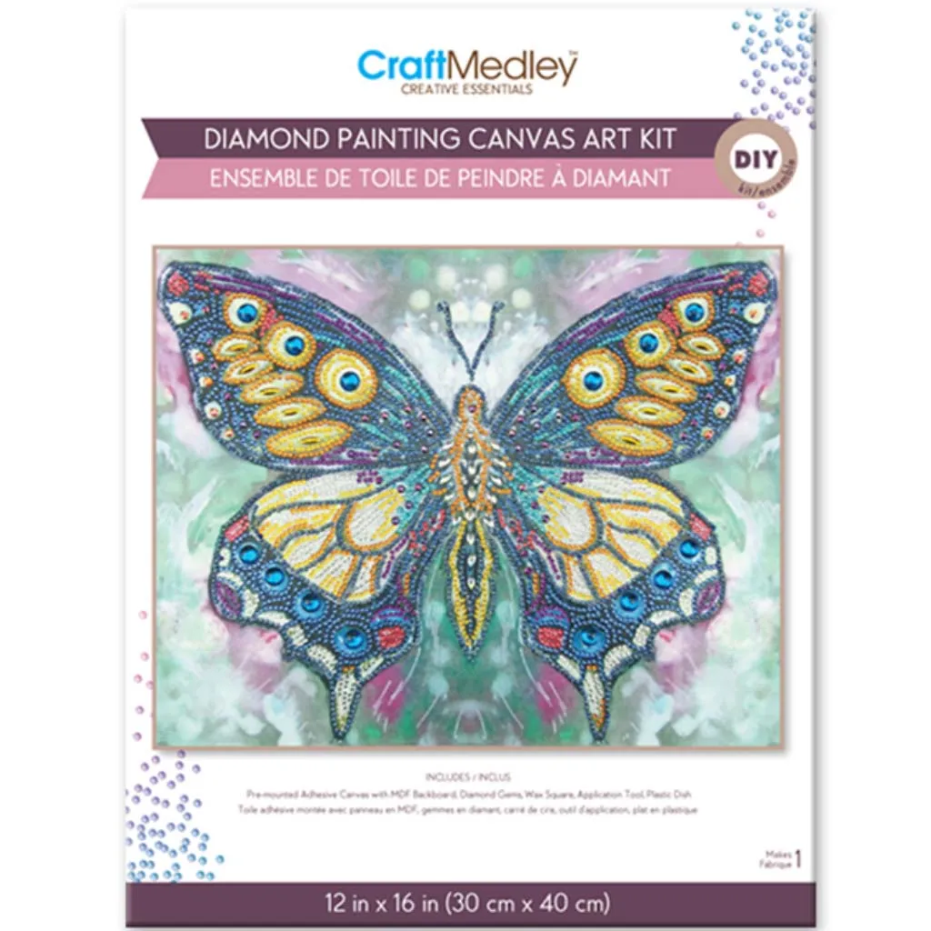 Craft Medley Kit: Diamond Painting Art Kit w/Gems Tool Tray-Elegant Butterfly, 12in x 16in