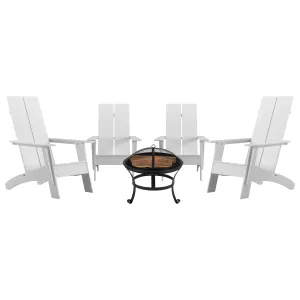 Finn Set of 4 Modern All-Weather 2-Slat Poly Resin Rocking Adirondack Chairs with 22" Round Wood Burning Fire Pit