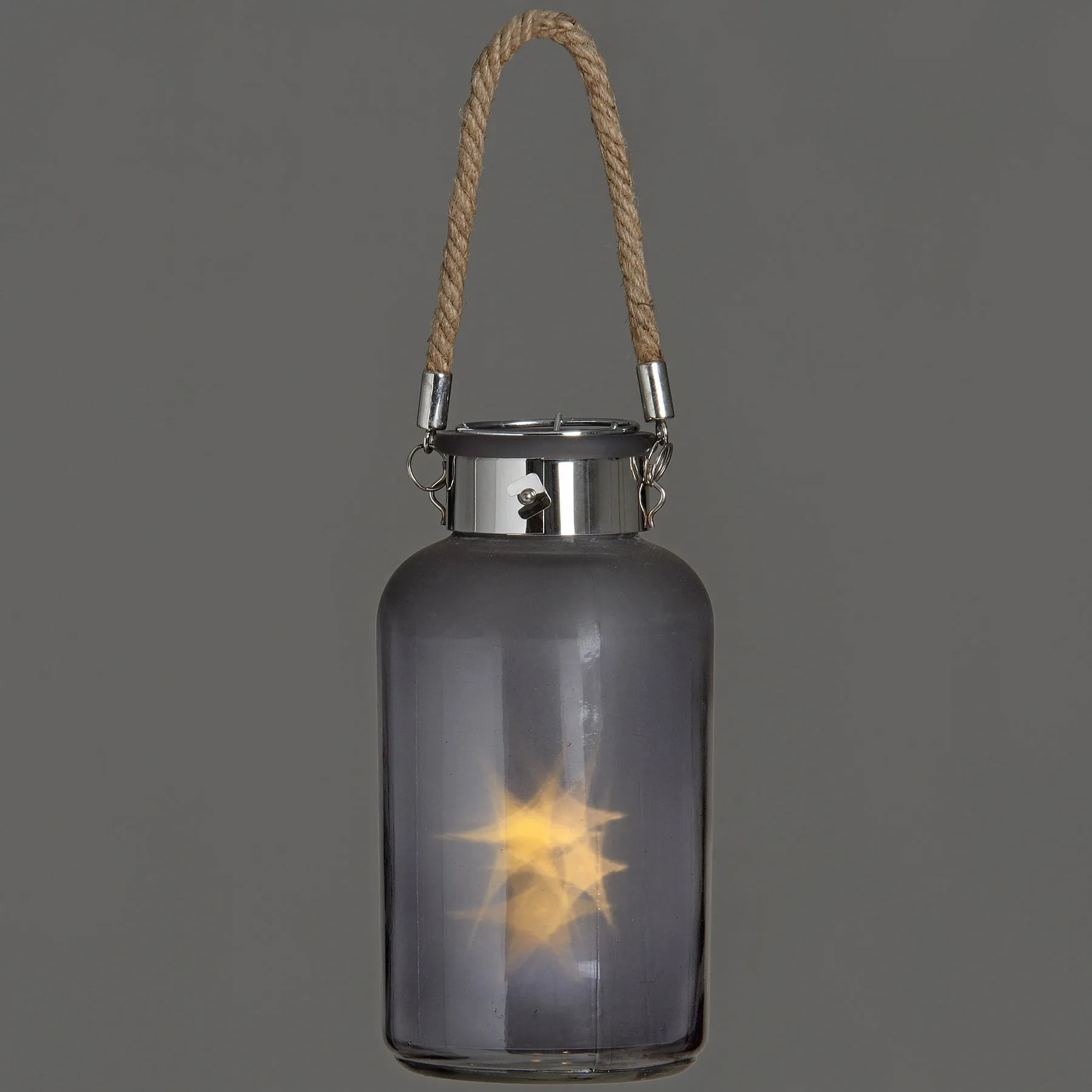 Frosted Grey Glass Lantern with Rope Detail and LED