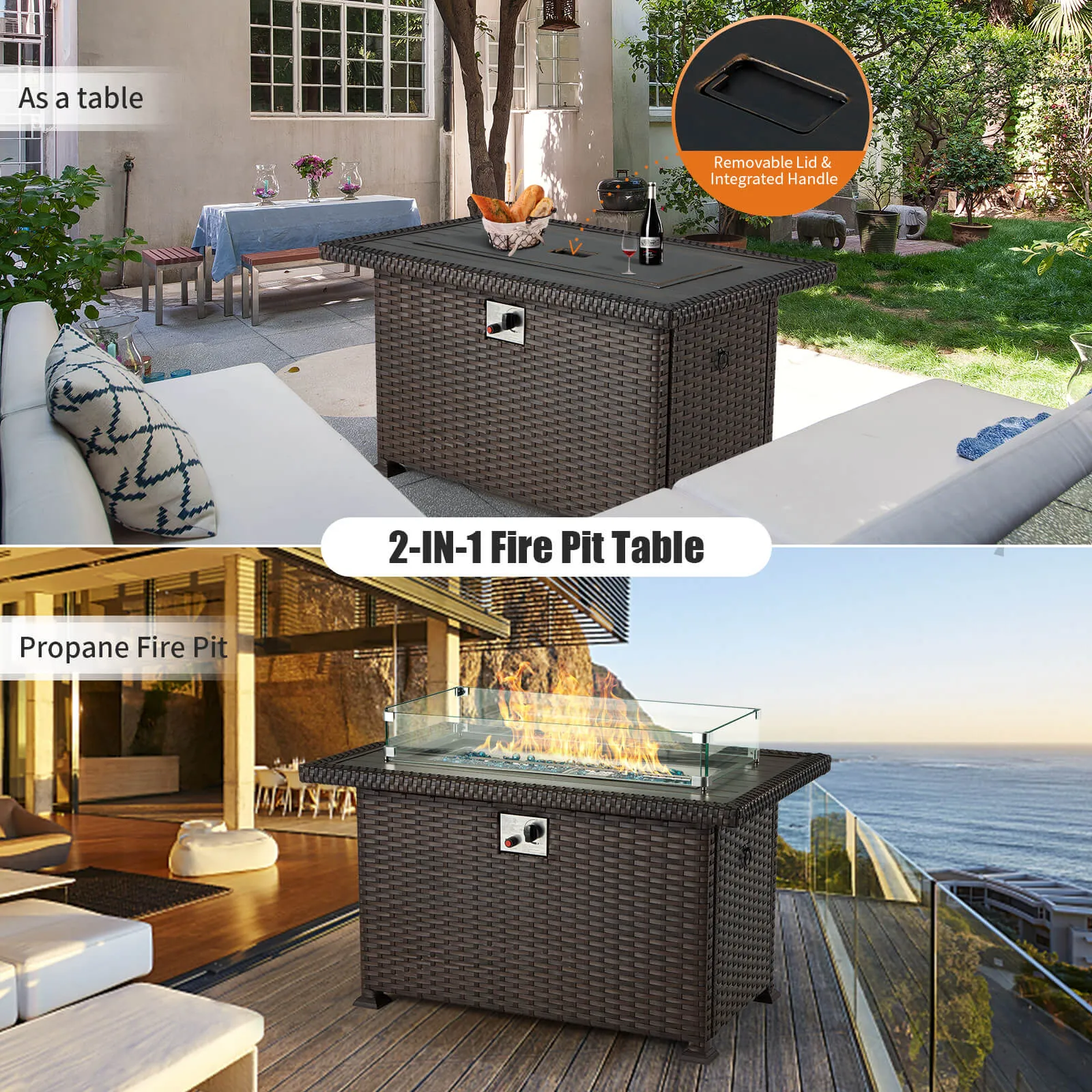 Homrest 44" Outdoor Propane Gas Fire Pit Table 50000 BTU Auto-Ignition w/ Windguard, Brown (Copy)