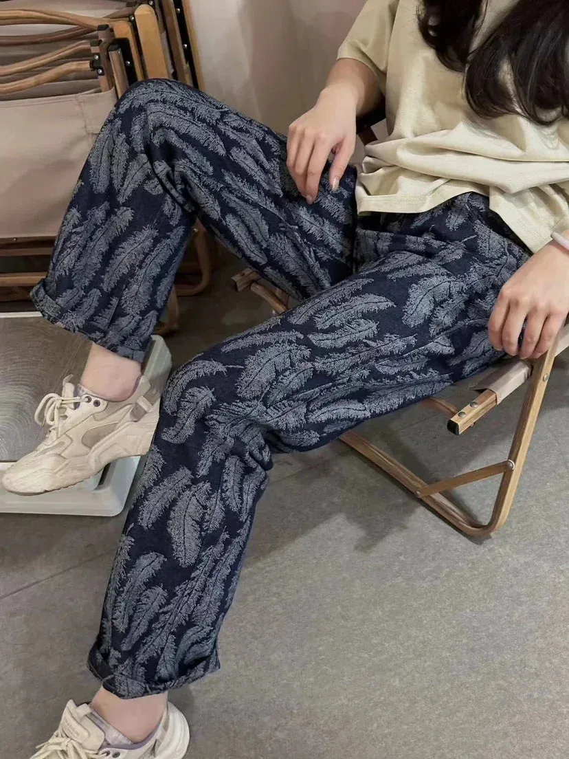 Japanese Style Denim Jacquard Feather Flare Pants - Versatile