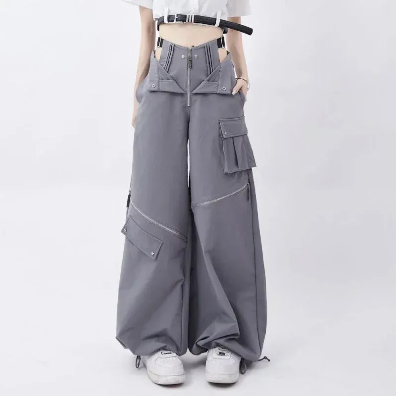 LVSANW American Individualized Spicy Girl Hollow Out Workwear Pants for Women Fashion Zipper Two Wear Design Casual Versatile Trousers