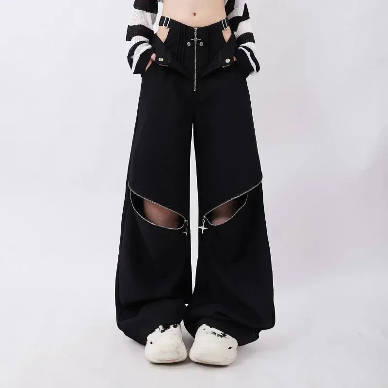 LVSANW American Individualized Spicy Girl Hollow Out Workwear Pants for Women Fashion Zipper Two Wear Design Casual Versatile Trousers