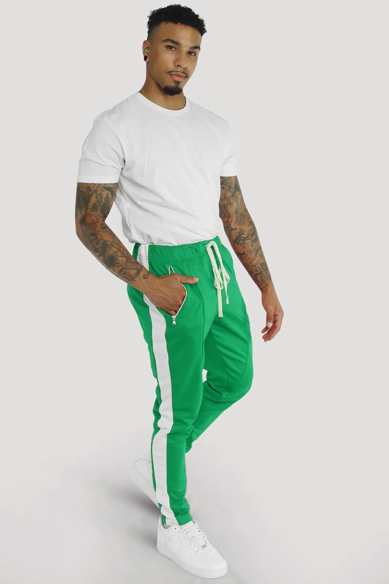 Premium Side Stripe Zip Pocket Track Pants (Kelly Green - White)