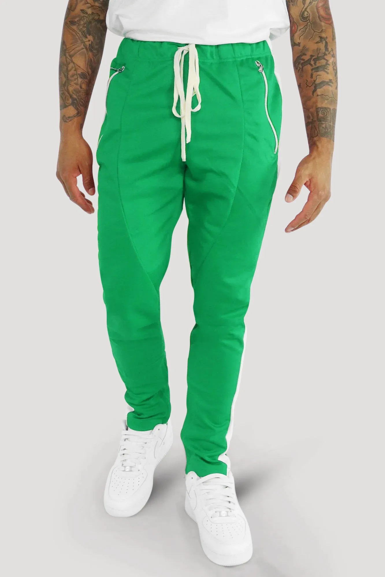 Premium Side Stripe Zip Pocket Track Pants (Kelly Green - White)