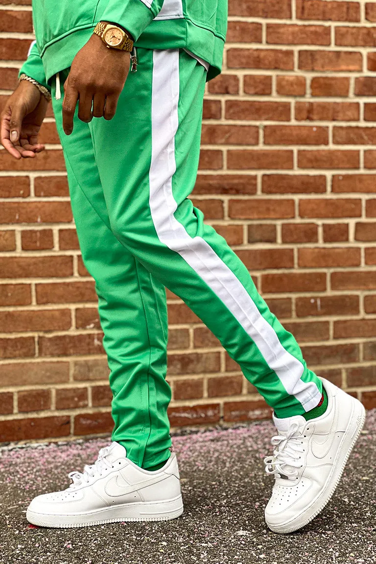 Premium Side Stripe Zip Pocket Track Pants (Kelly Green - White)