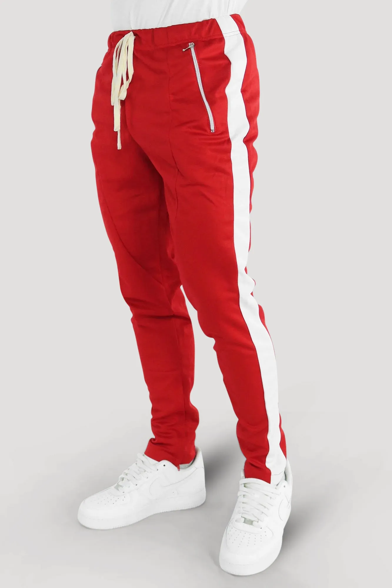 Premium Side Stripe Zip Pocket Track Pants (Red-White)