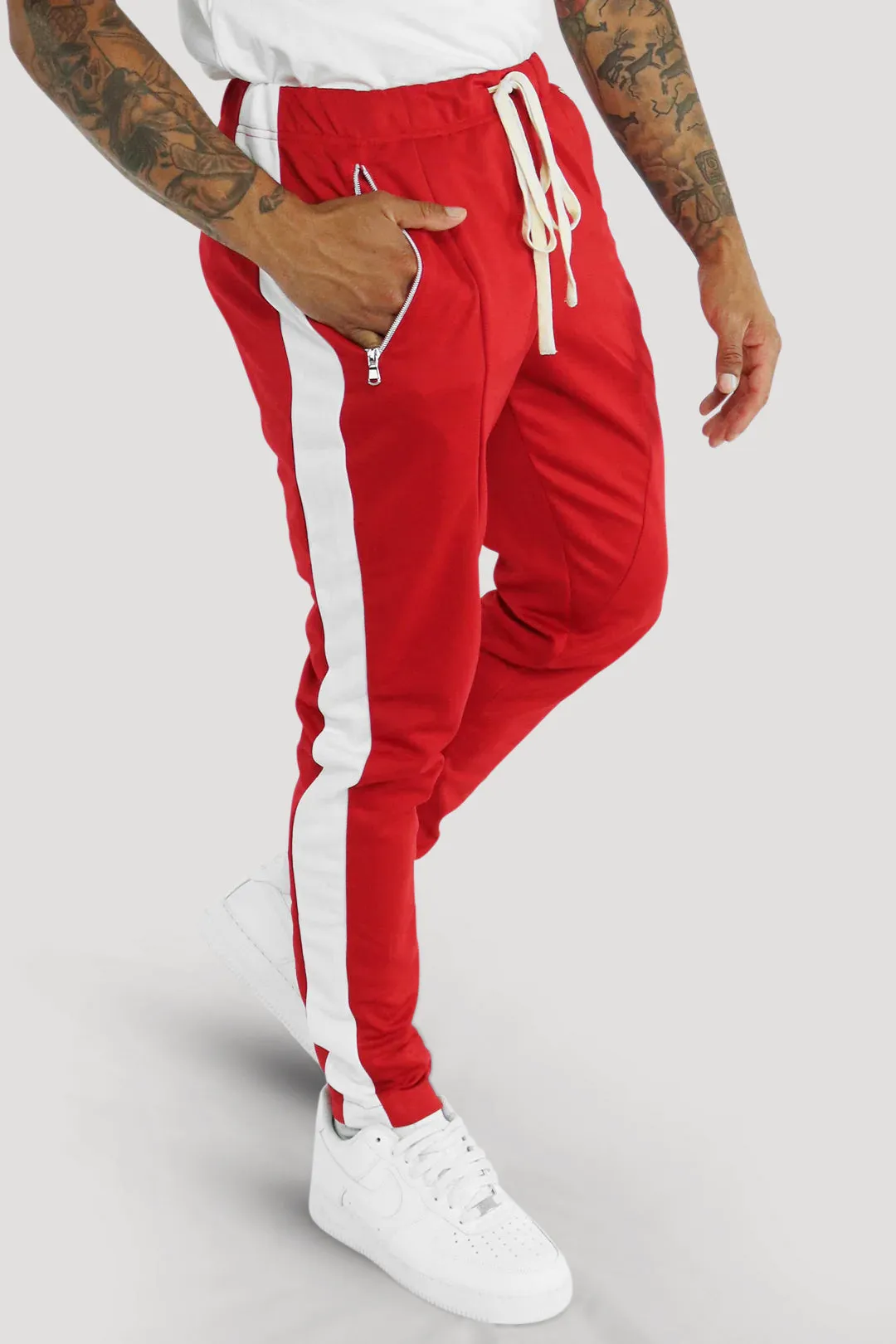 Premium Side Stripe Zip Pocket Track Pants (Red-White)