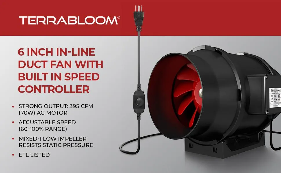 TerraBloom MFIF-6, 6", 395 CFM, 70W Inline Duct Fan with Variable Speed Controller