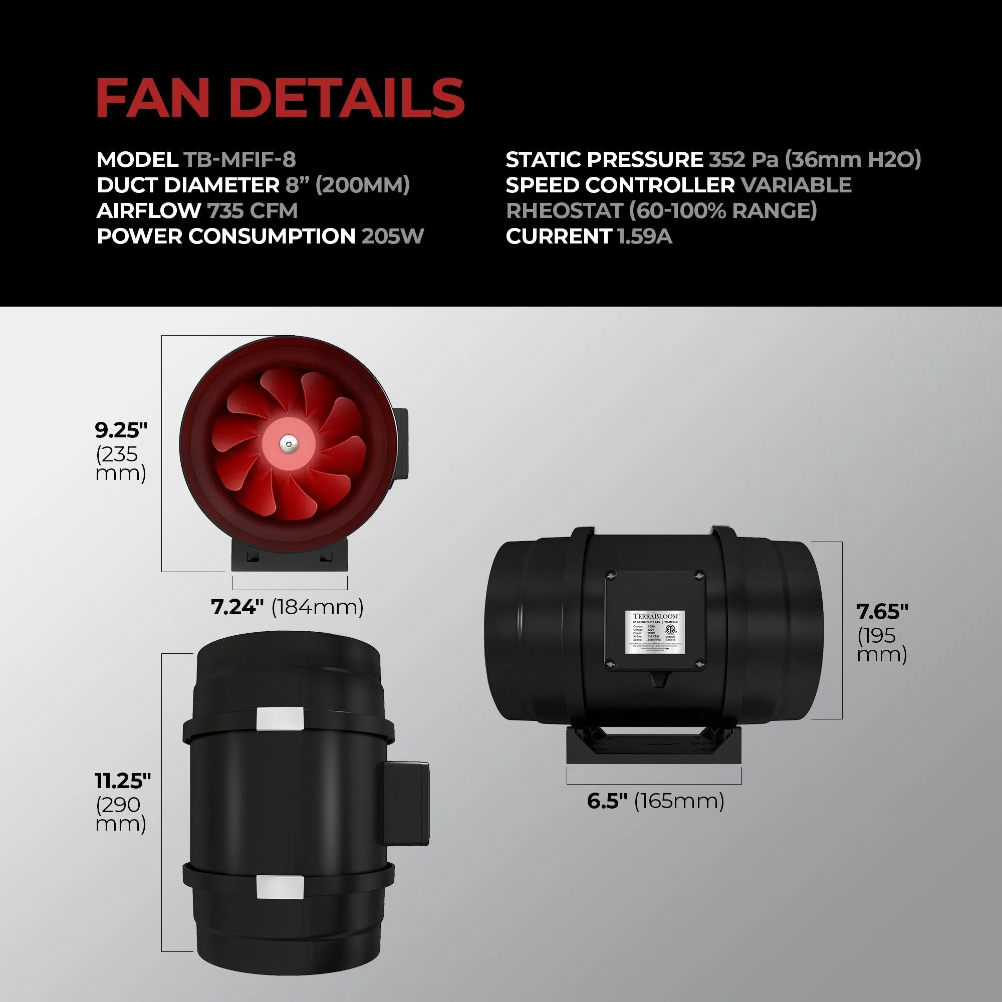 TerraBloom MFIF-8, 8", 735 CFM, 205W Inline Duct Fan with Variable Speed Controller