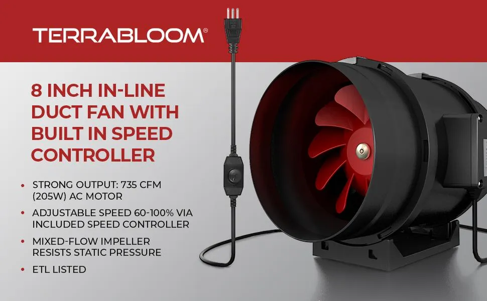 TerraBloom MFIF-8, 8", 735 CFM, 205W Inline Duct Fan with Variable Speed Controller