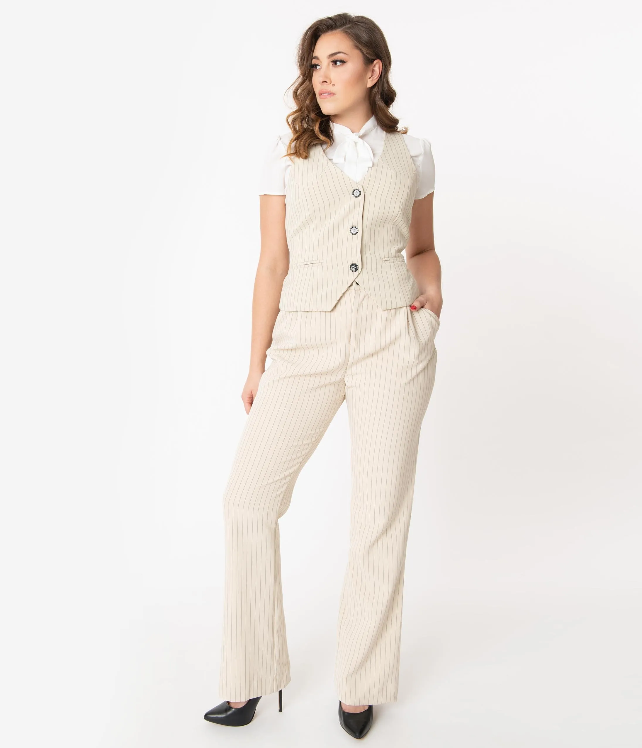 Unique Vintage Cream & Black Pinstripe Dietrich Pants