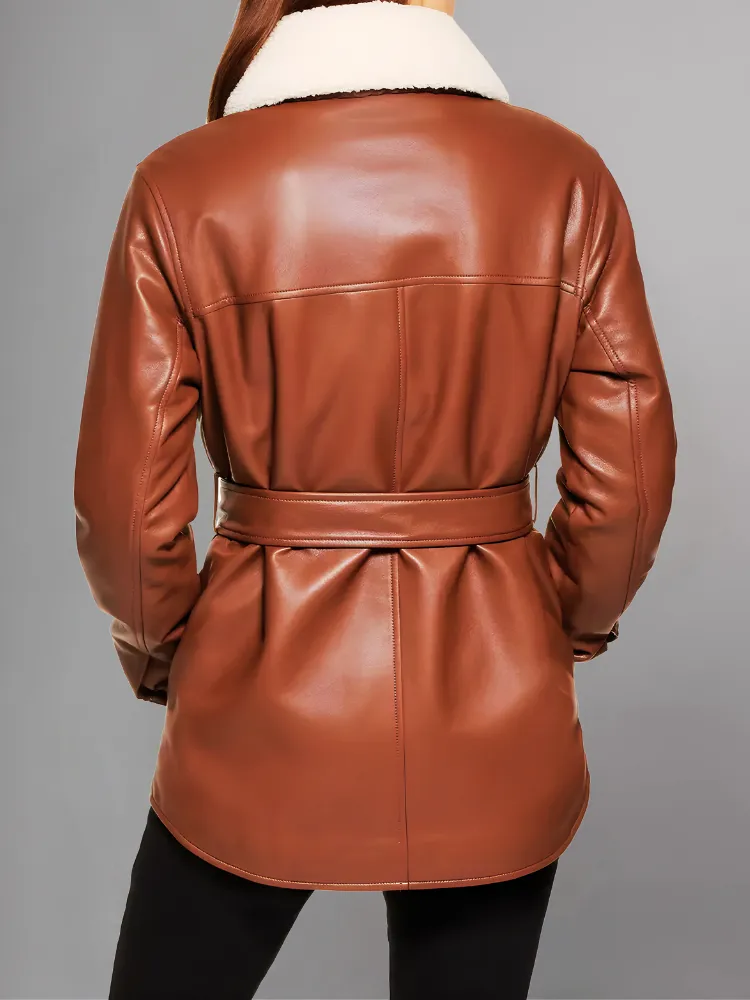 Womens Brown Shearling Collar Leather Jacket