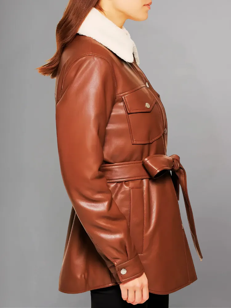 Womens Brown Shearling Collar Leather Jacket