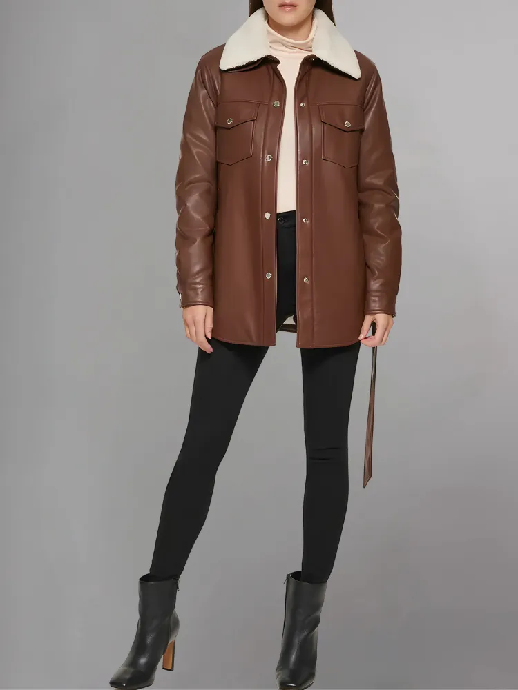 Womens Brown Shearling Collar Leather Jacket