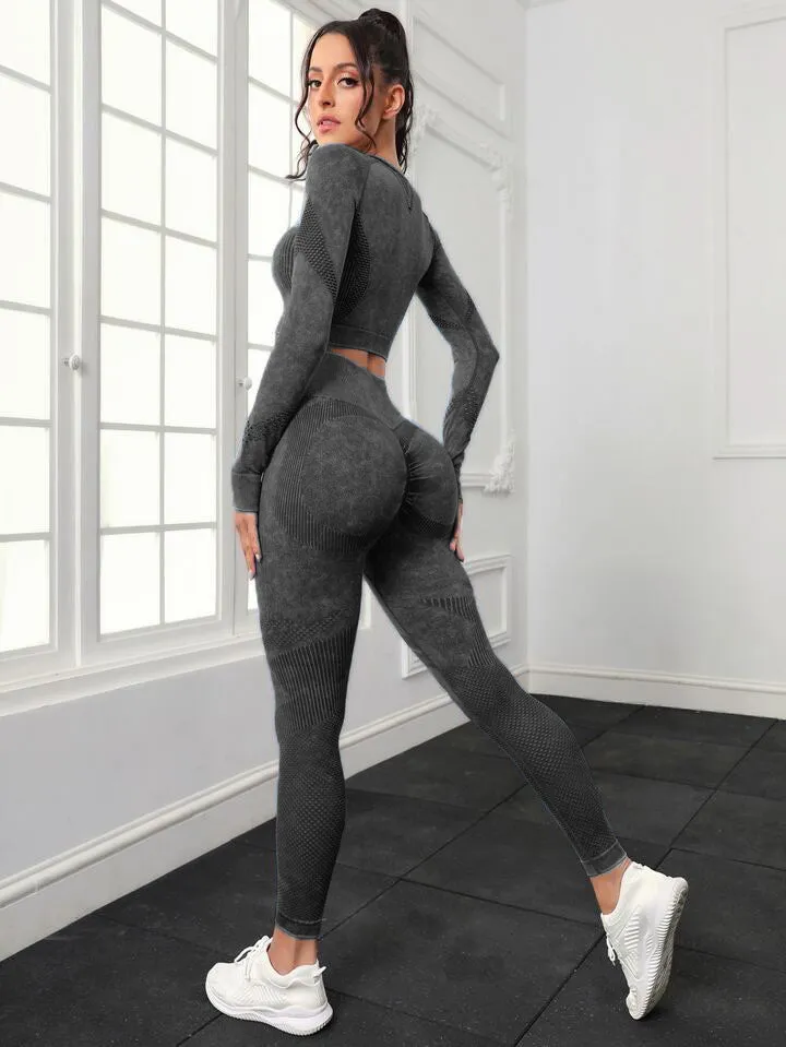 Women's Long Sleeve Crop Top and Fitness Yoga Pants Two-piece Set