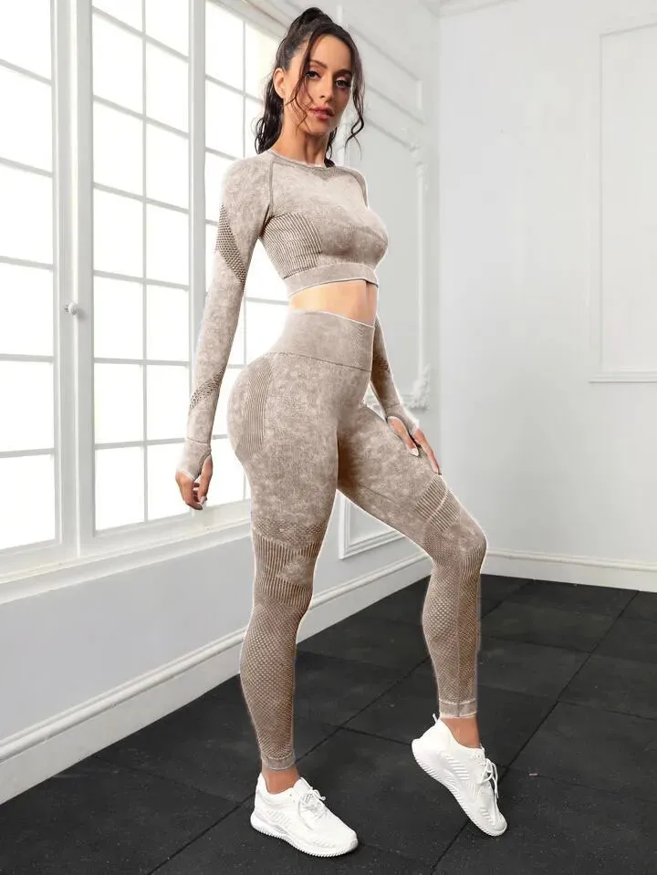 Women's Long Sleeve Crop Top and Fitness Yoga Pants Two-piece Set