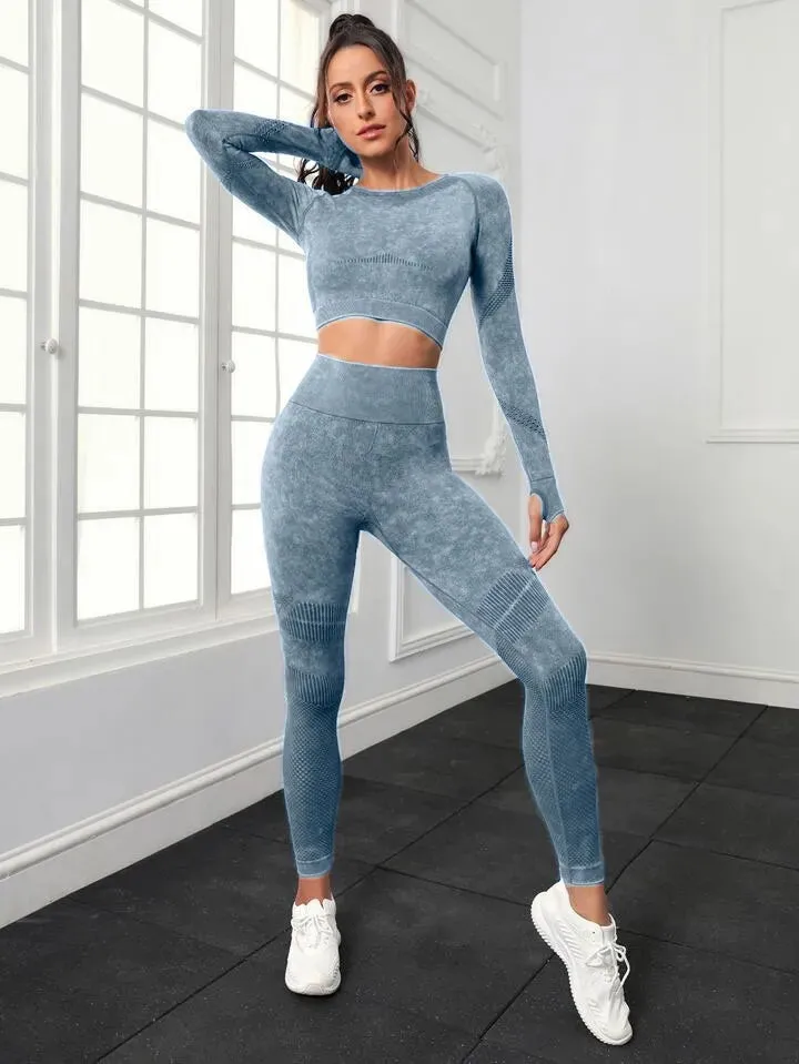 Women's Long Sleeve Crop Top and Fitness Yoga Pants Two-piece Set