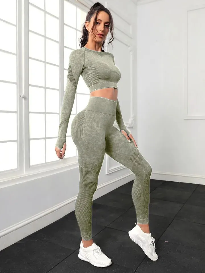 Women's Long Sleeve Crop Top and Fitness Yoga Pants Two-piece Set